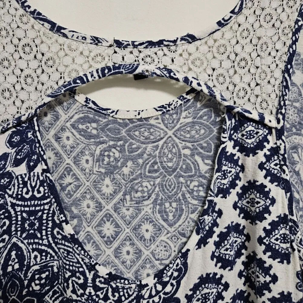 Ellen Tracy Sleeveless Paisley Tank Dress Size L Blue Cutout Back Lace Details - Picture 4 of 10